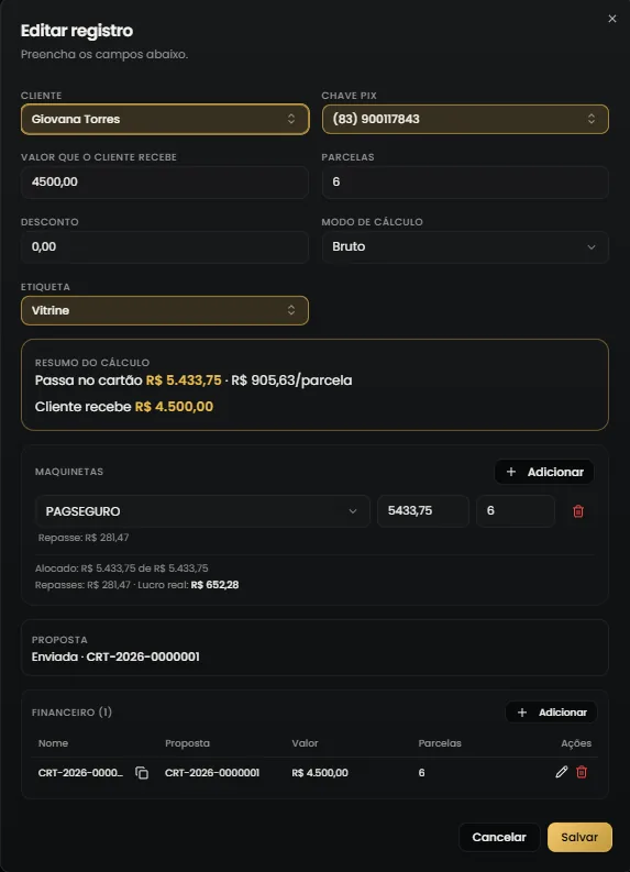Atendimento com o cálculo automático das duas taxas